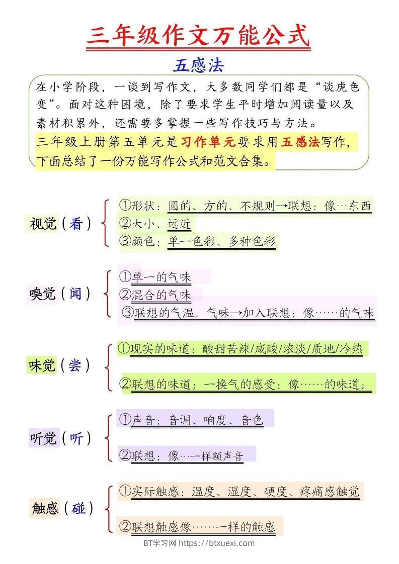 三上语文-作文万能公式五感法-BT学习网