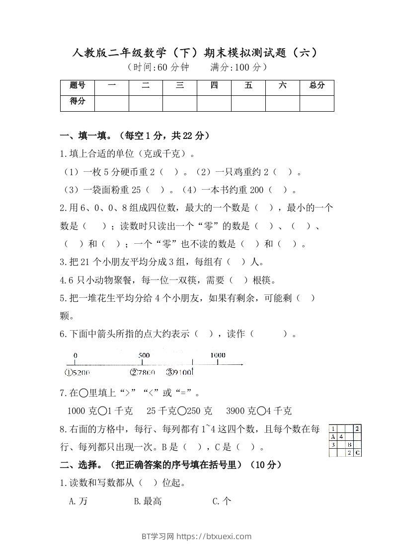 二年级数学下册试题-期末模拟测试题（六）人教版（含答案）-BT学习网