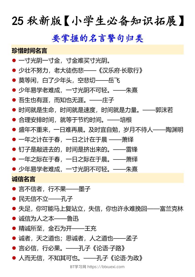 【2025秋新版】【小学生必备知识拓展】要掌握的名言警句归类-六上语文-BT学习网