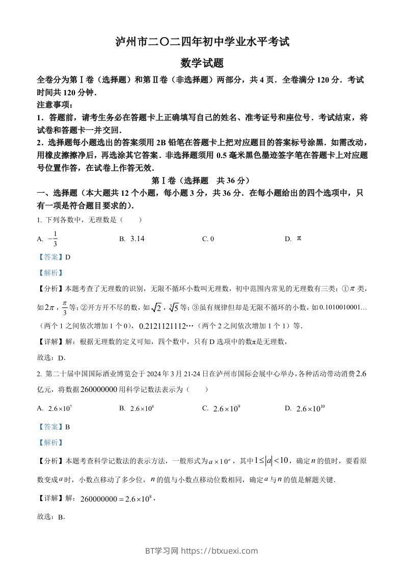 2024年四川省泸州市中考数学试题（含答案）-BT学习网