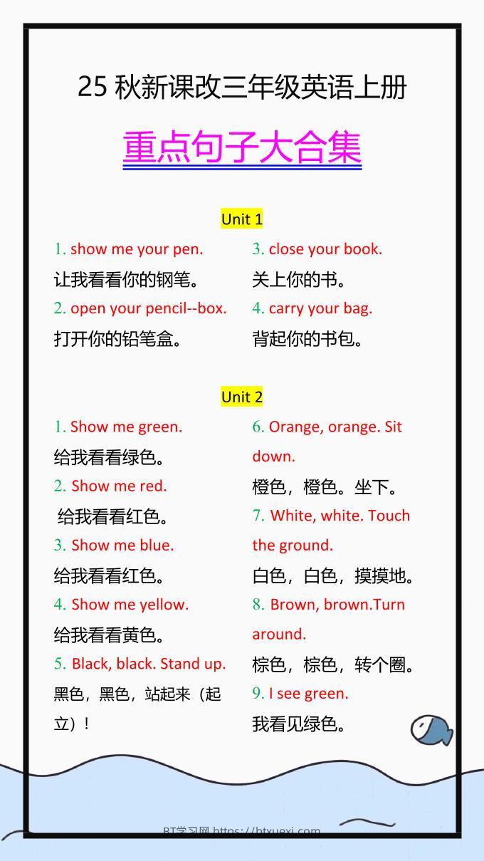 【2025秋新版】三年级英语上册重点句子大合集-BT学习网