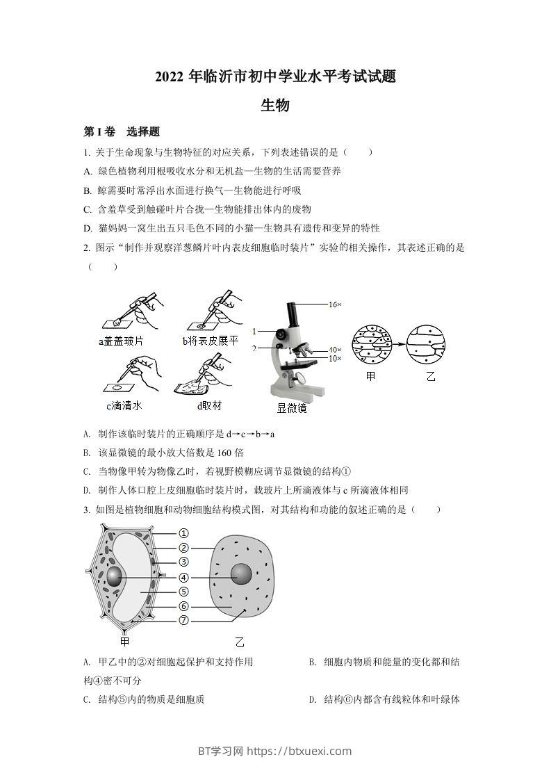 2022年山东省临沂市中考生物真题（空白卷）-BT学习网