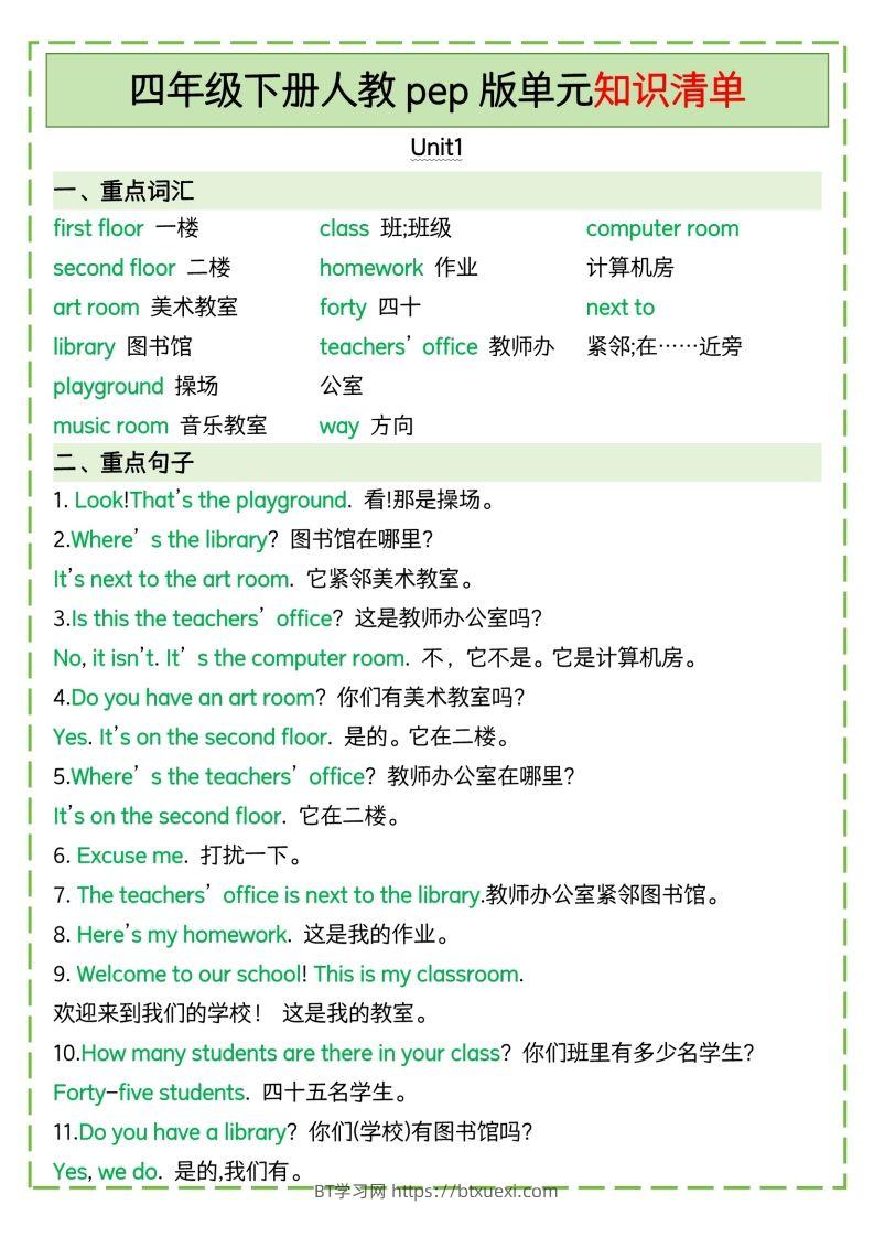 四下英语人教pep版单元知识清单-BT学习网