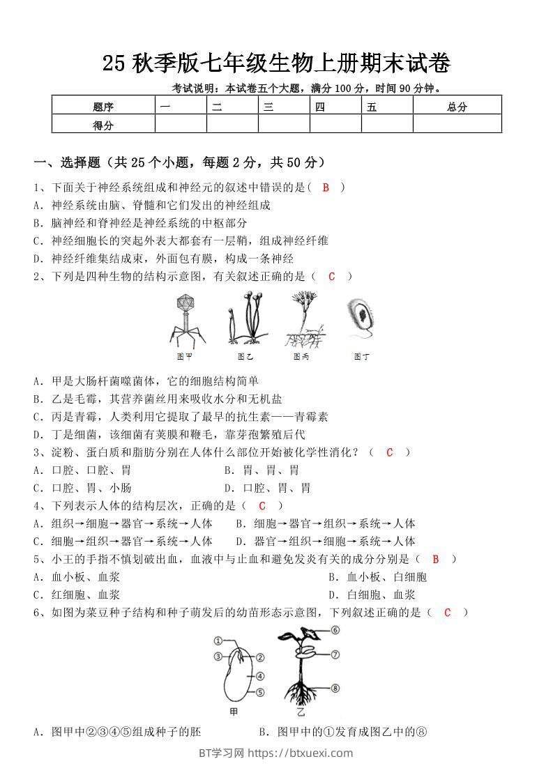 【2025秋新版】七年级生物上册期末试卷-BT学习网