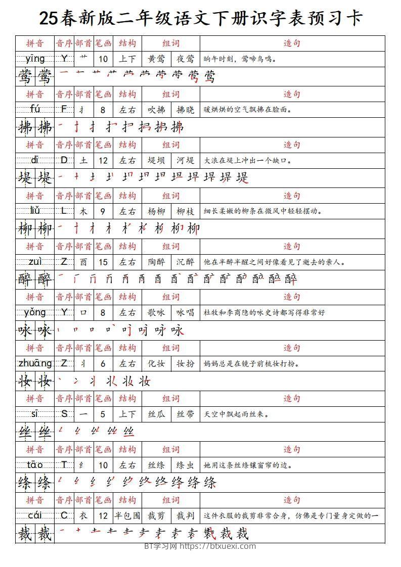 25春新二下语文识字表预习卡（组词造句拼音部首笔画笔顺结构）47页-BT学习网