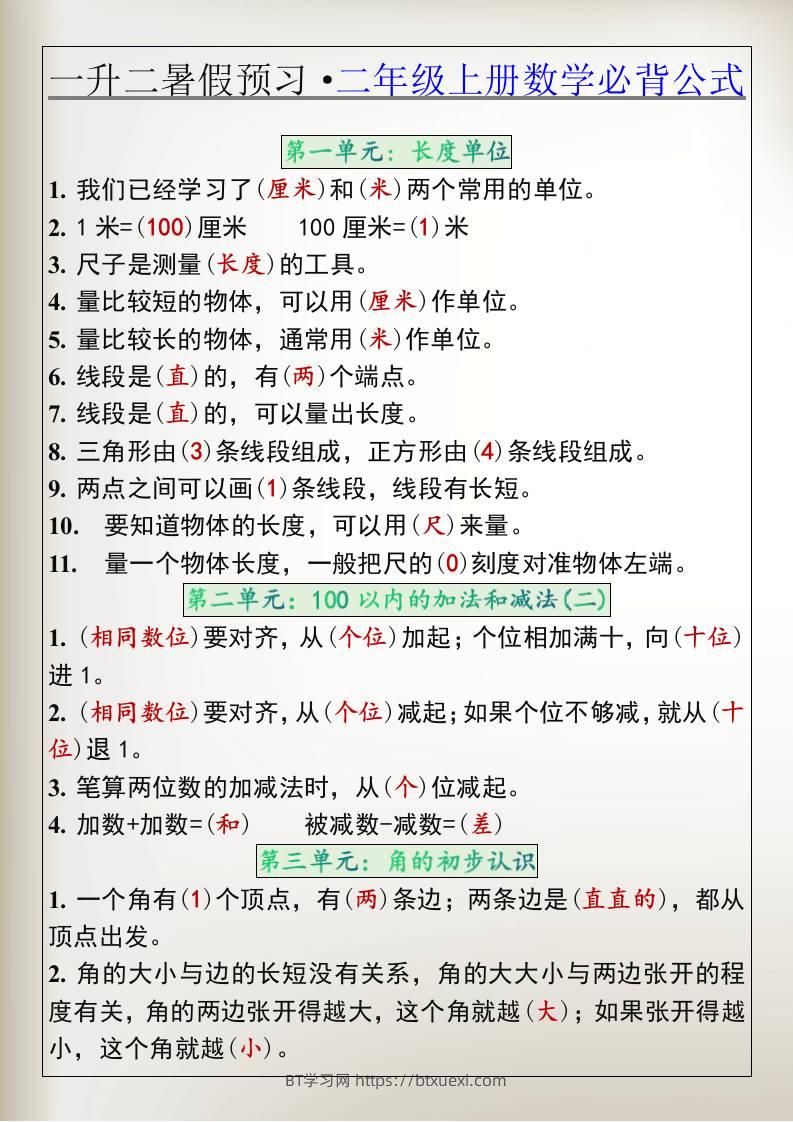 一升二暑假预习·二年级上册数学必背公式-BT学习网