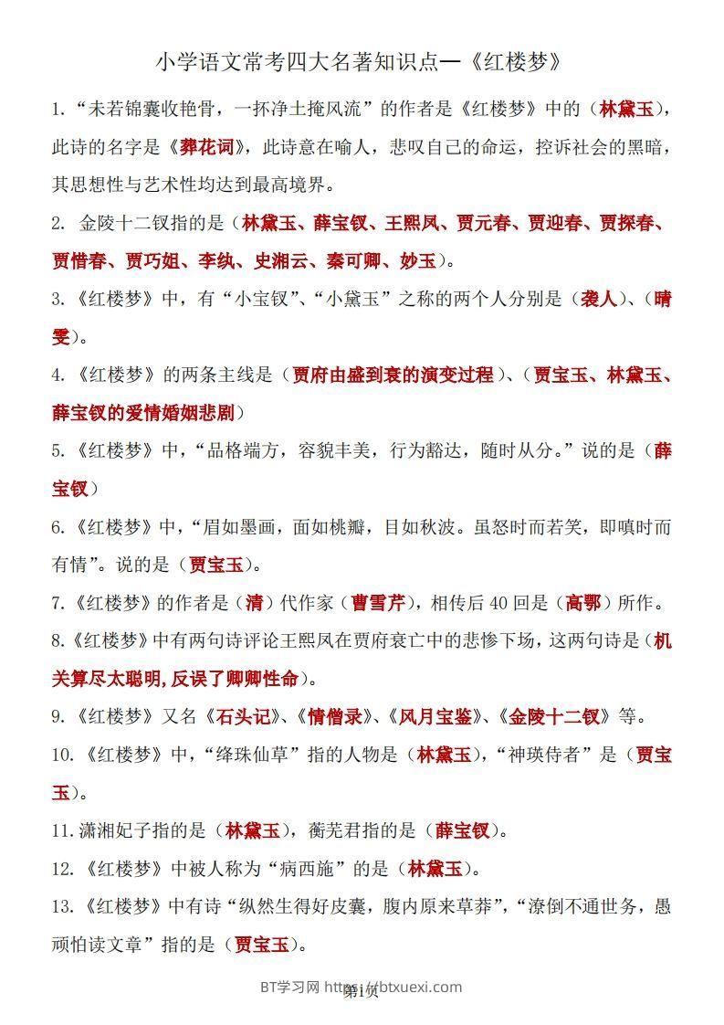 四大名著知识点汇总之《红楼梦》-BT学习网