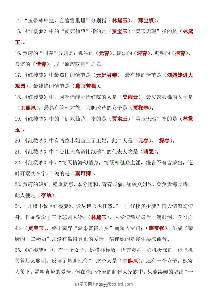 图片[2]-四大名著知识点汇总之《红楼梦》-BT学习网