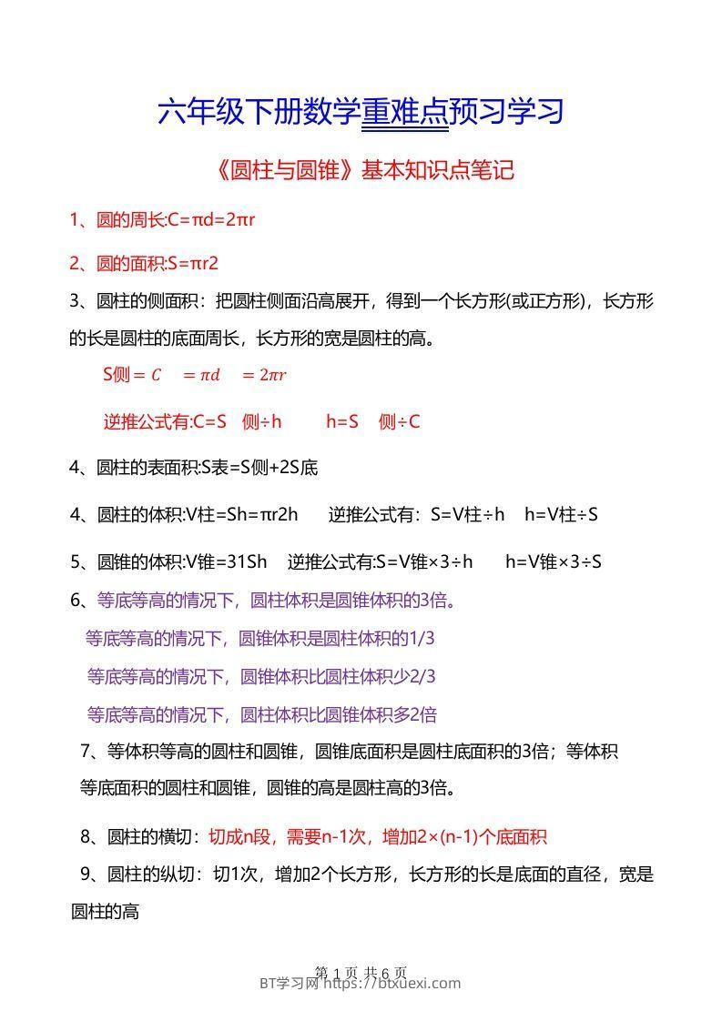 六年级下册数学重难点《圆柱与圆锥》-BT学习网