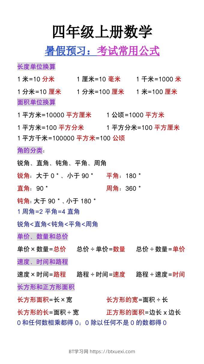三升四年级数学暑假必背常考公式大全-四上数学-BT学习网