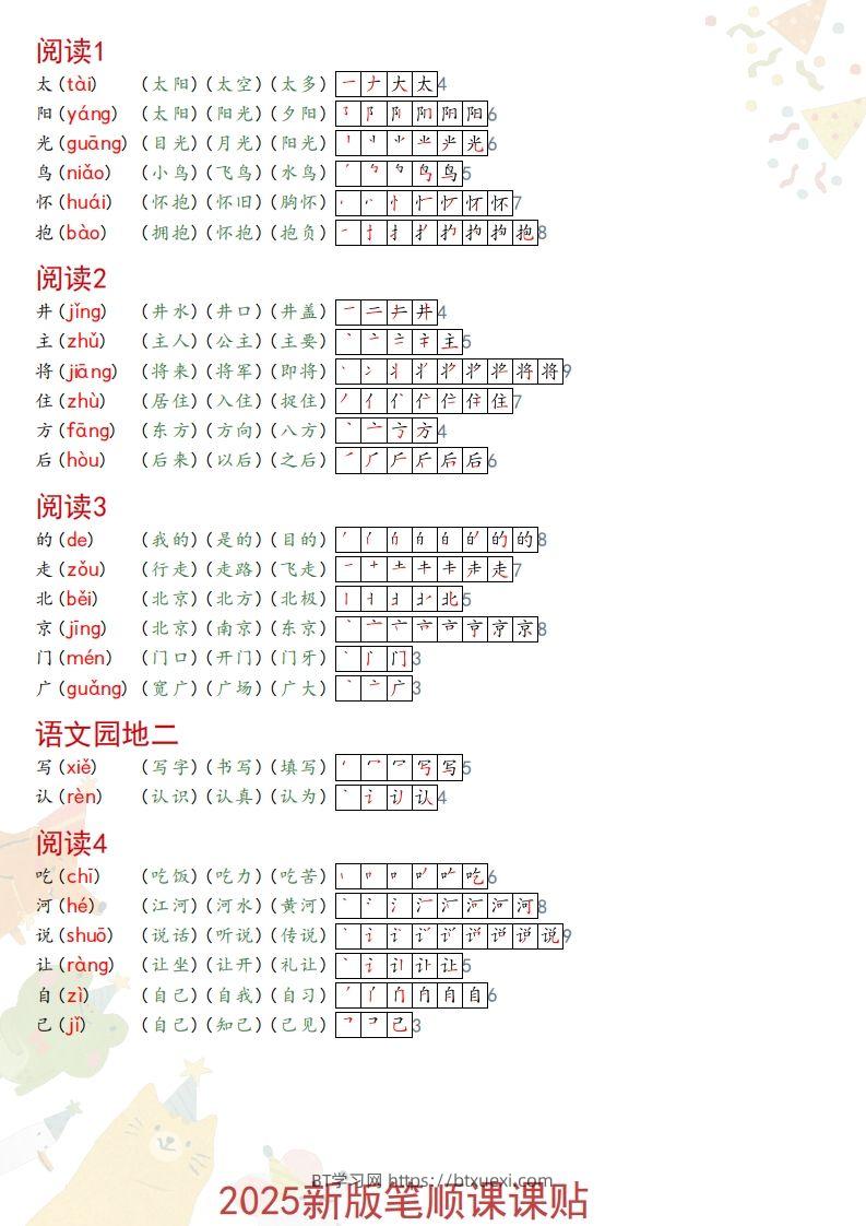 图片[2]-2025春一年级语文新版笔顺课课贴-BT学习网