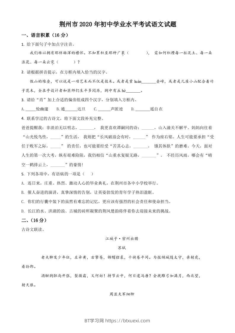 湖北省荆州市2020年中考语文试题（空白卷）-BT学习网