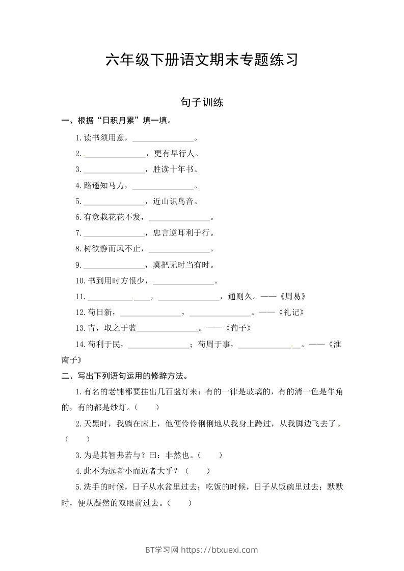 六年级语文下册期末句子专项测试卷（一）（含答案）（部编版）-BT学习网