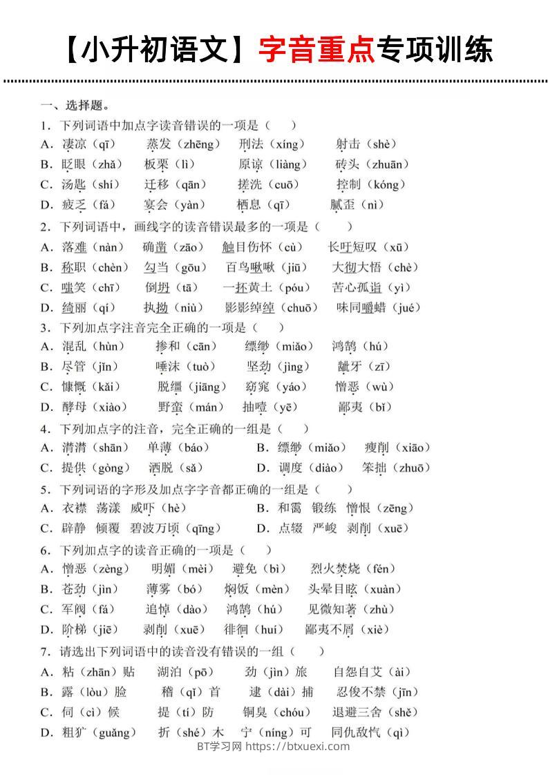 《小升初语文字音重点专项训练》-BT学习网