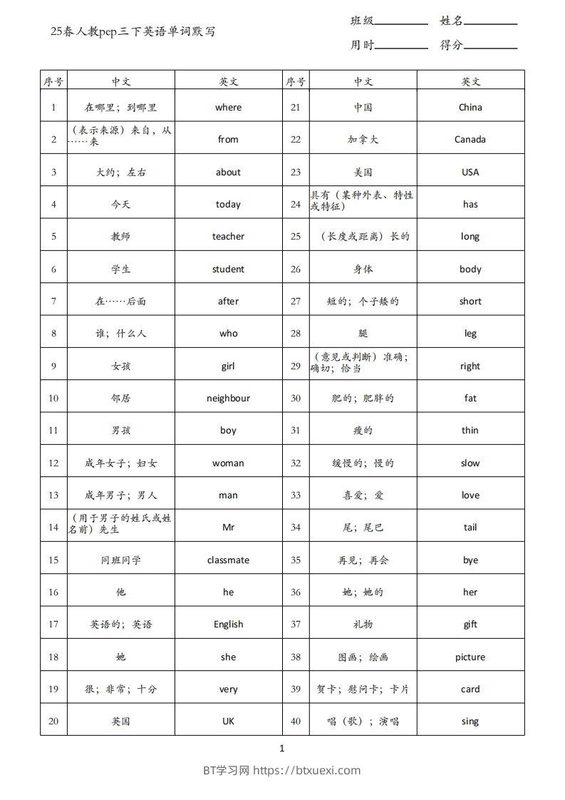 25春人教pep三下英语单词背诵表（3页）-BT学习网