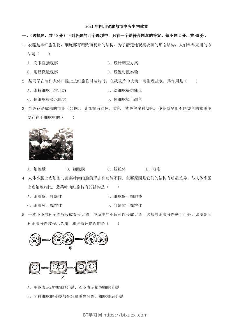 2021年四川省成都市中考生物真题（含答案）-BT学习网