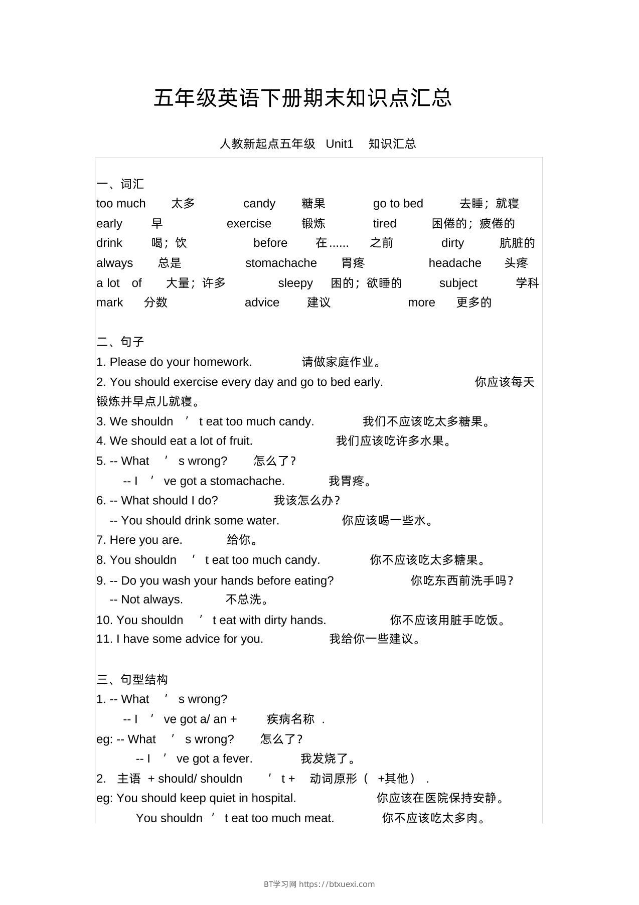 五年级英语下册期末知识清单汇总(人教新起点)-BT学习网