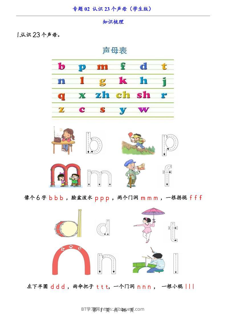 一上语文-专题02认识23个声母（知识+训练）-BT学习网