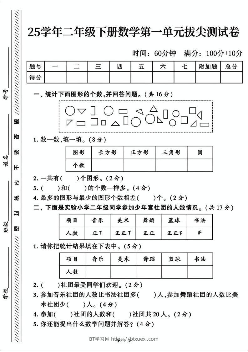 25二下数学第一单元拔尖测试卷1（含答案5页）人教-BT学习网