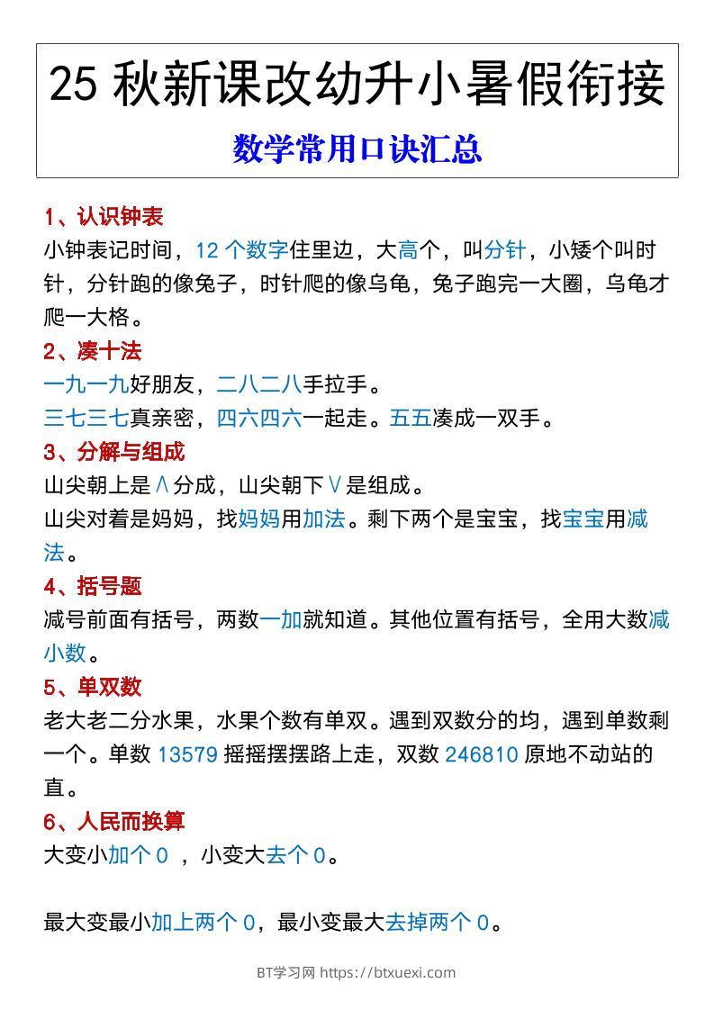 【2025秋新版】幼升小暑假衔接数学常用口诀汇总-一上数学-BT学习网