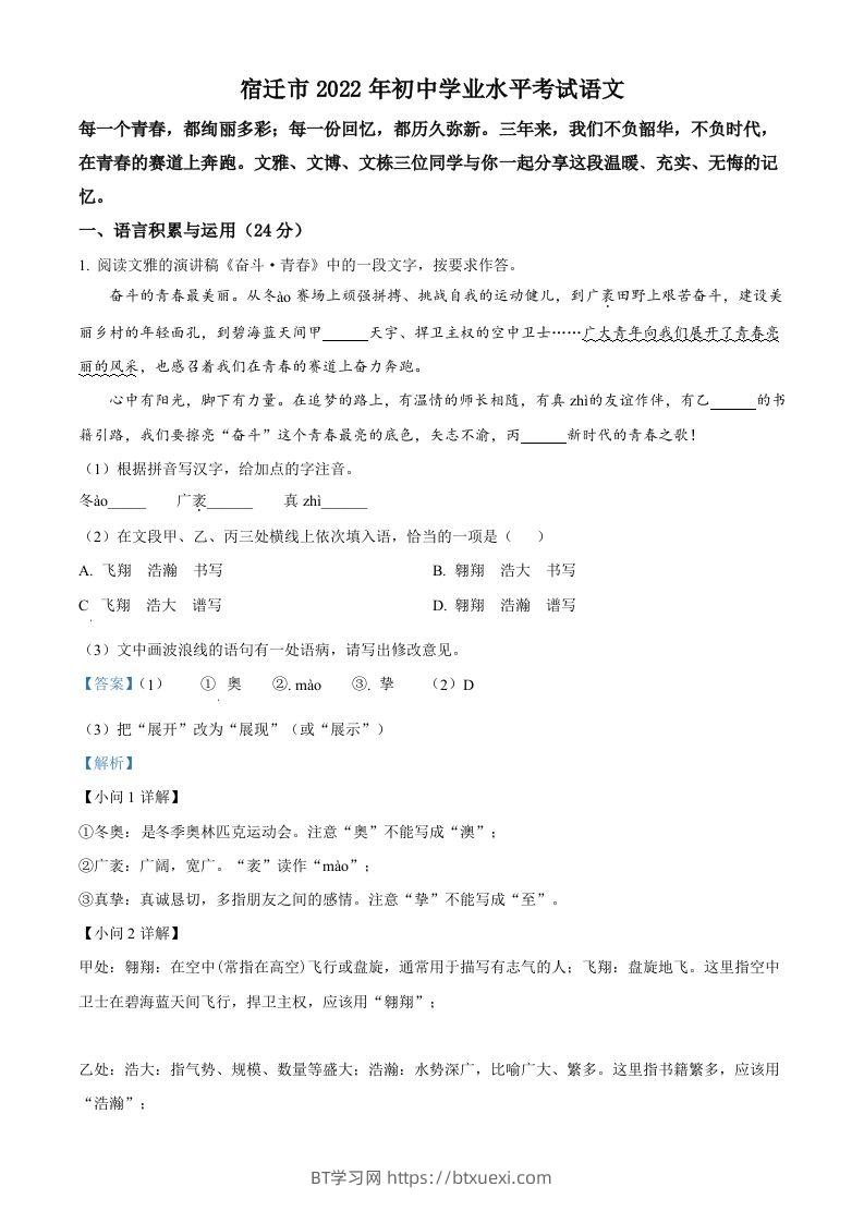 2022年江苏省宿迁市中考语文真题（含答案）-BT学习网