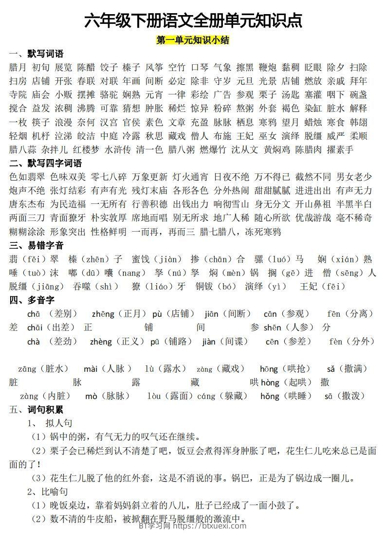 六年级1-8单元知识点(1)-BT学习网