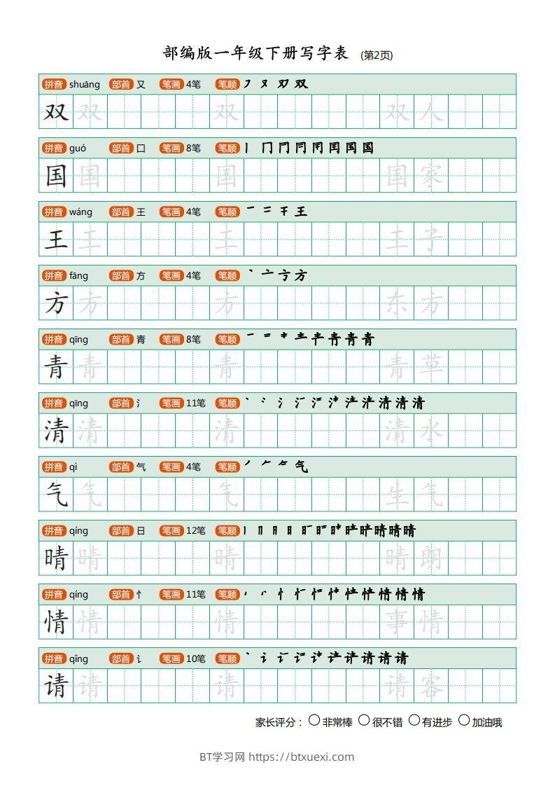 图片[2]-一年级语文下册写字表(笔顺)（20页）PDF（部编版）-BT学习网