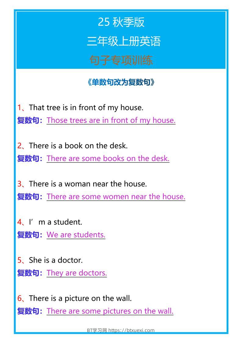 【2025秋新版】三年级上册英语句子专项训练-BT学习网
