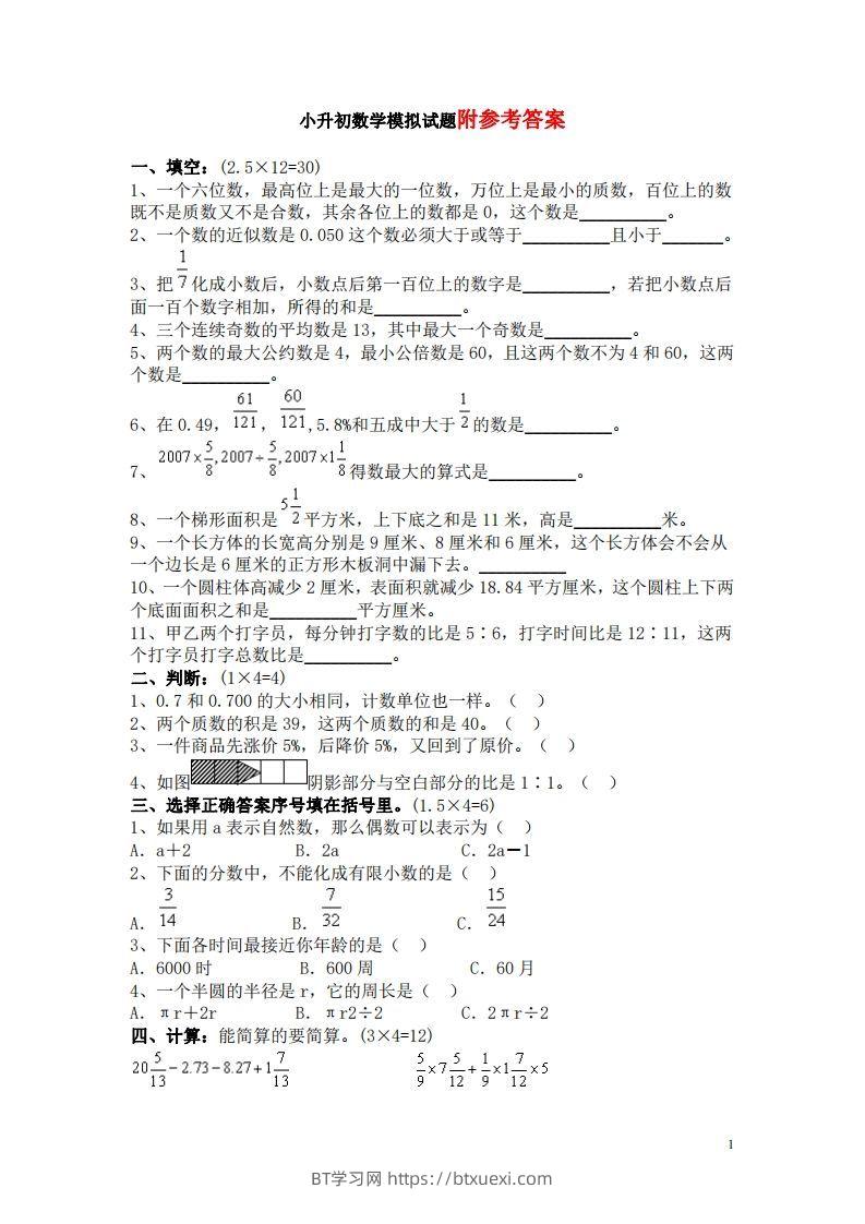 六（下）重点小学小升初数学检测试题4-BT学习网