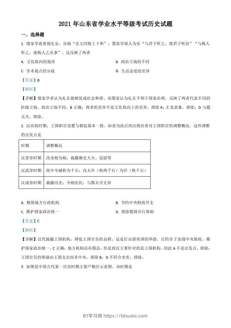 2021年高考历史试卷（山东）（含答案）-BT学习网