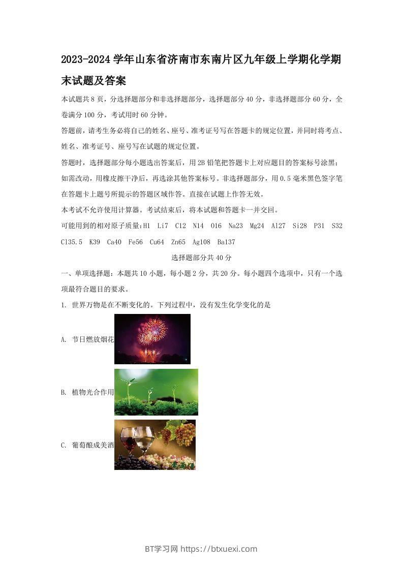 2023-2024学年山东省济南市东南片区九年级上学期化学期末试题及答案(Word版)-BT学习网