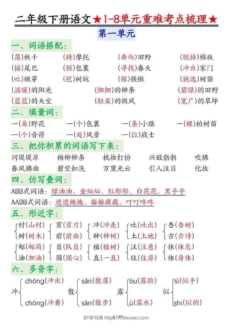 二下语文期末复习1-8单元重难考点梳理总结（17页）-BT学习网