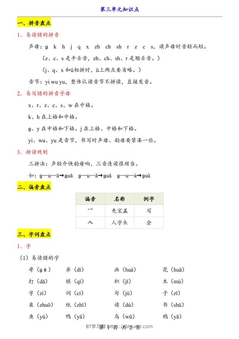 第3单元（知识点）一上语文-BT学习网