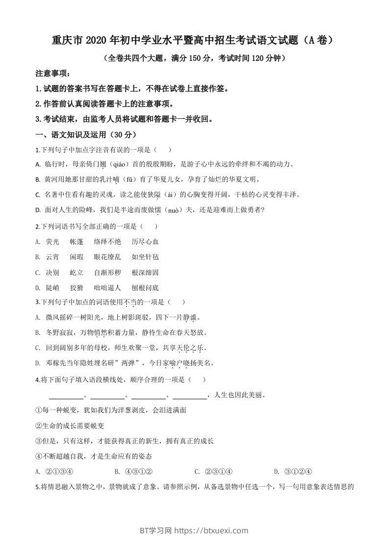 重庆市2020年中考语文试题(A卷)（空白卷）-BT学习网