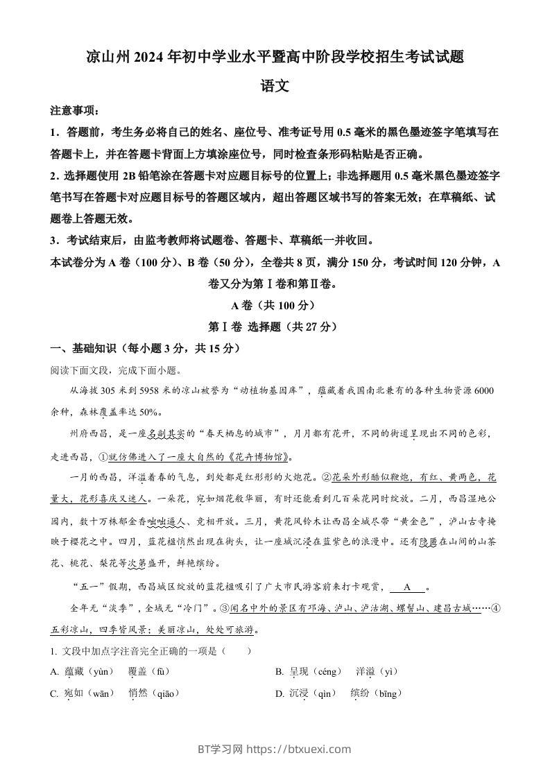 2024年四川省凉山州中考语文真题（含答案）-BT学习网