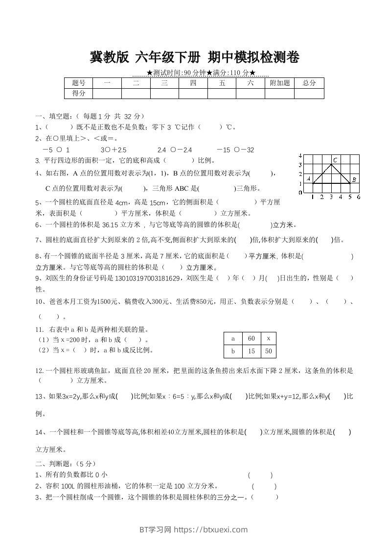 冀教版六年级下册数学期中质量检测试卷（1）（含答案）-BT学习网
