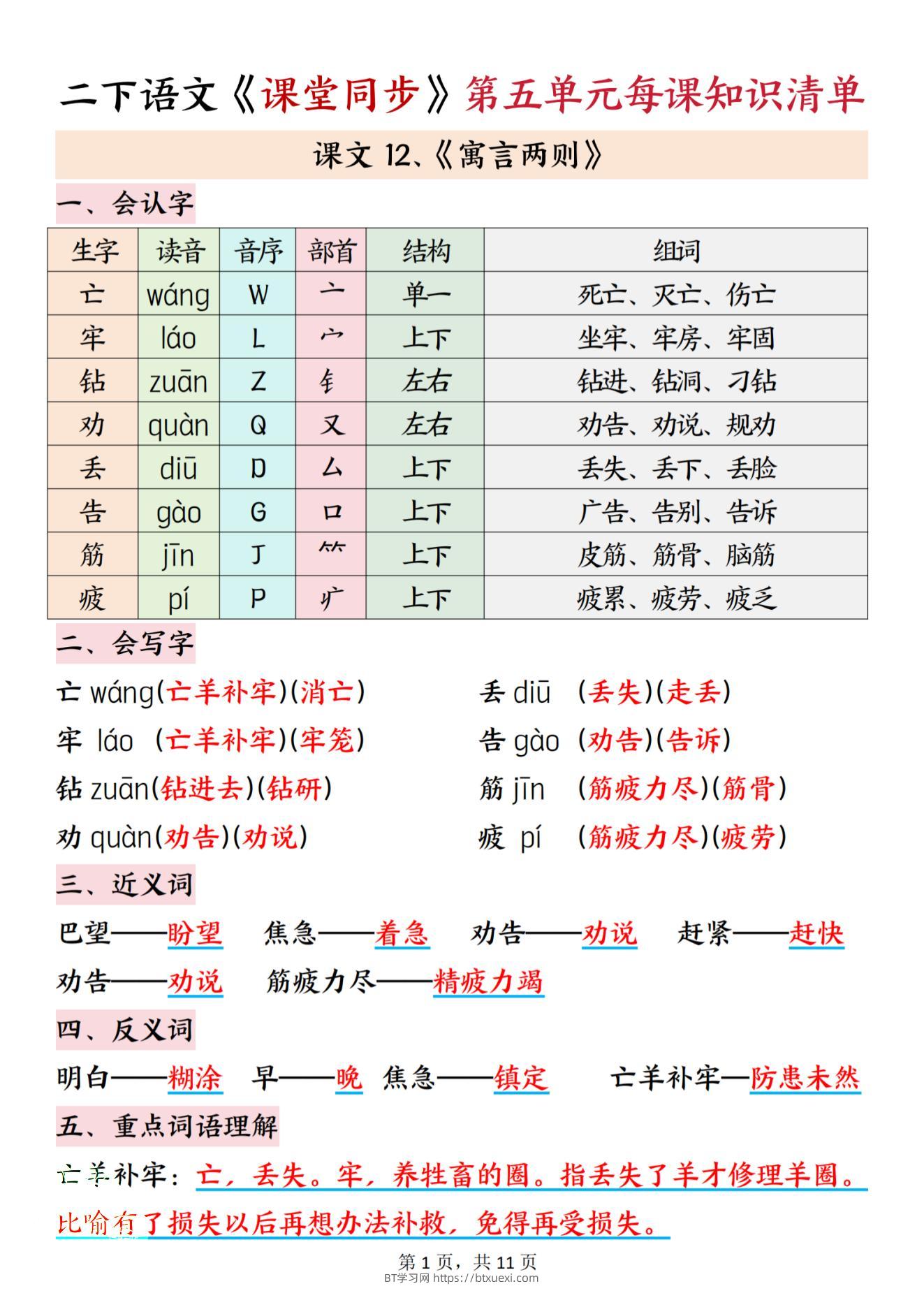 二下语文课堂同步第五单元每课知识清单11页-BT学习网