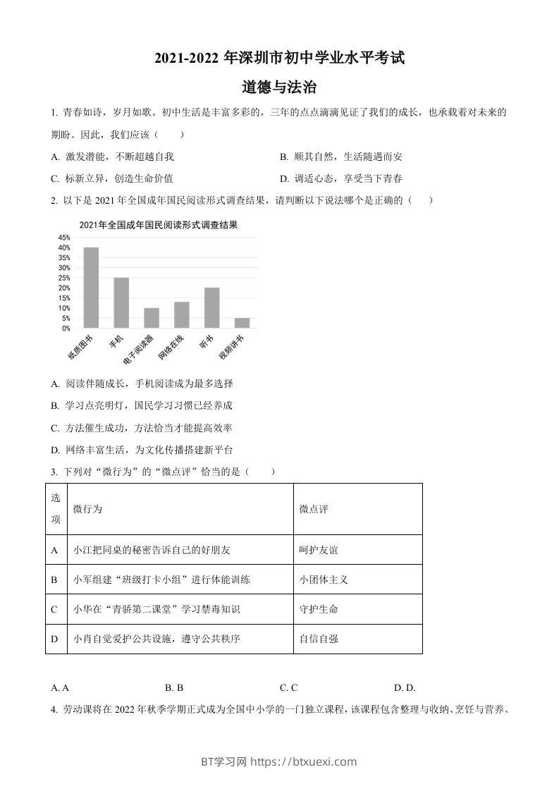 2022年广东省深圳市中考道德与法治真题（空白卷）-BT学习网