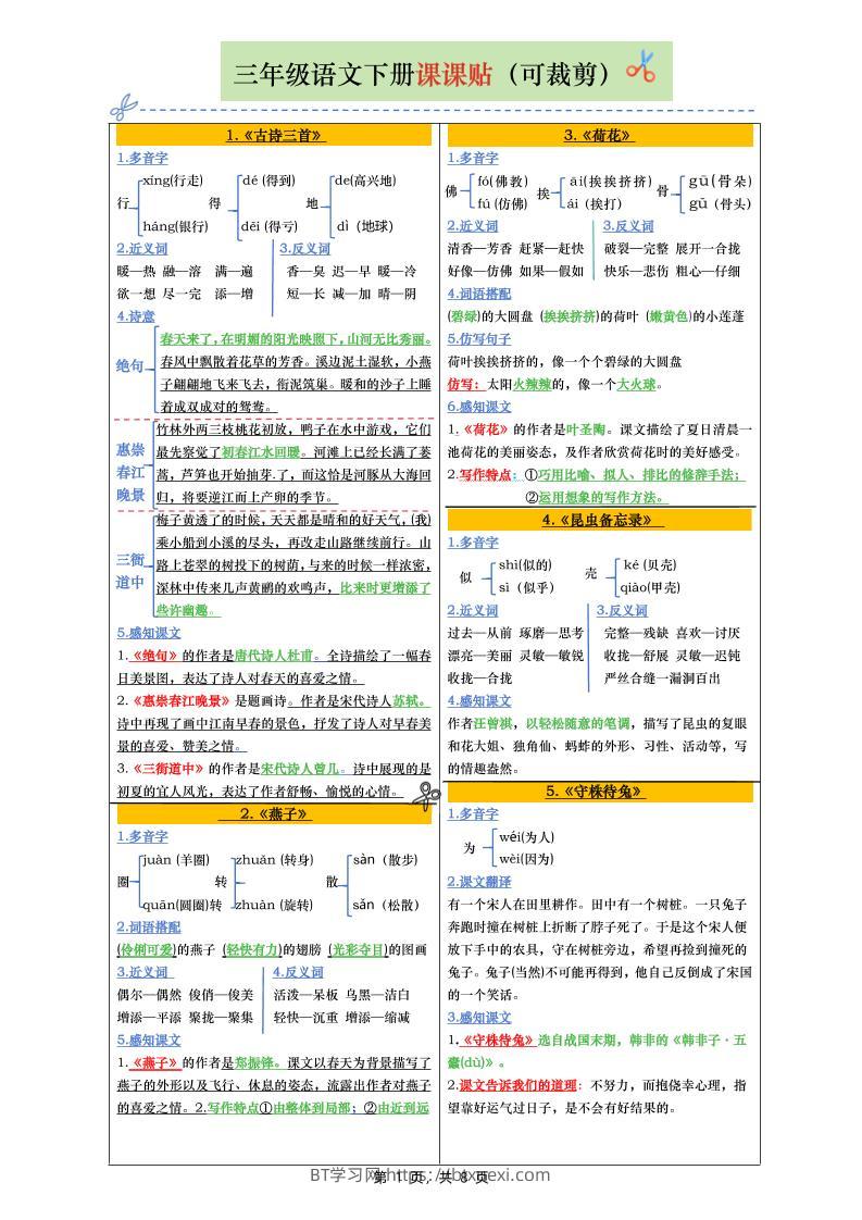三下语文全册彩色版课课贴（1-28课）8页-BT学习网