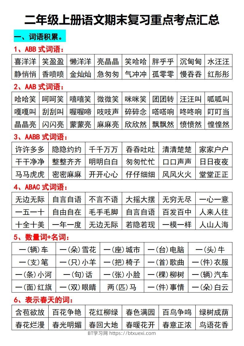 二年级上册语文期末复习重点考点汇总-BT学习网