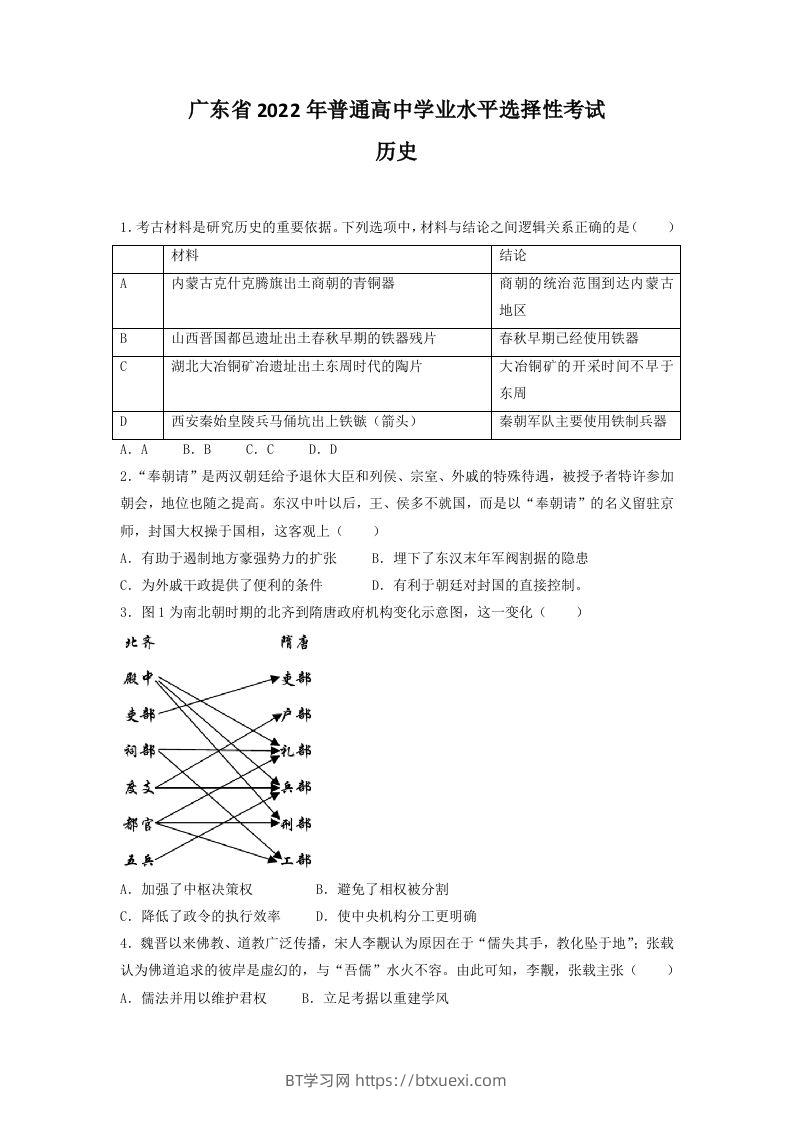 2022年高考历史试卷（广东）（空白卷）-BT学习网