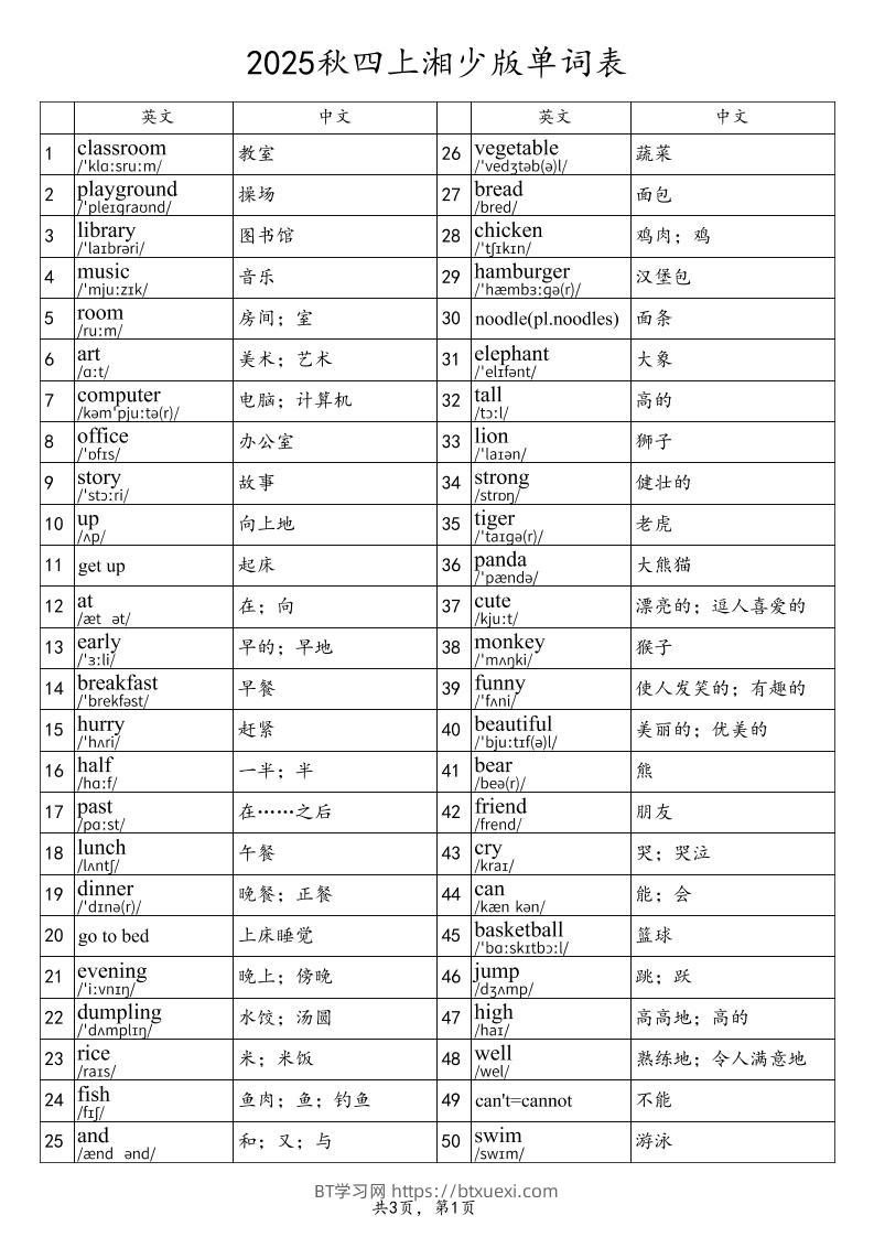 2025秋四上英语湘少版单词表-BT学习网