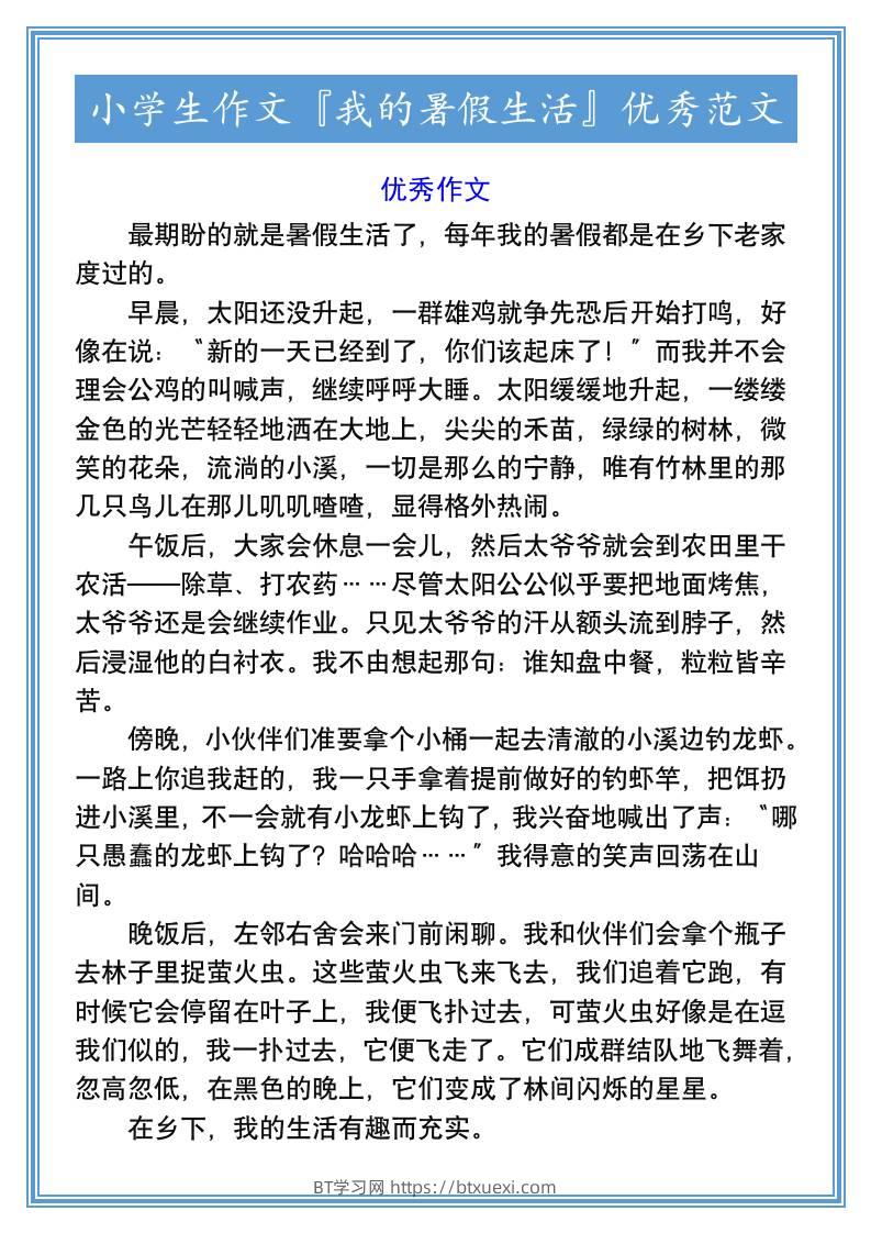 小学生作文『我的暑假生活』优秀范文-小升初语文-BT学习网
