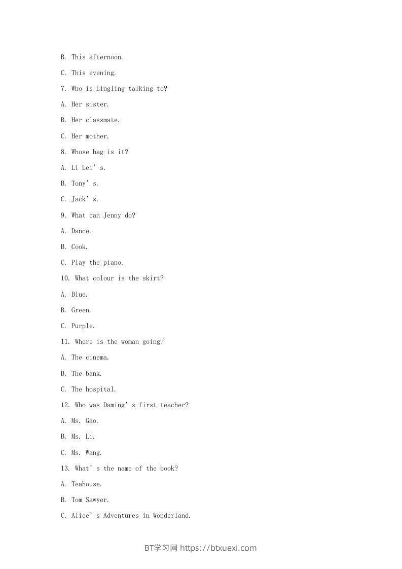 图片[2]-2022-2023学年天津市七年级上册月考英语试卷及答案(Word版)-BT学习网