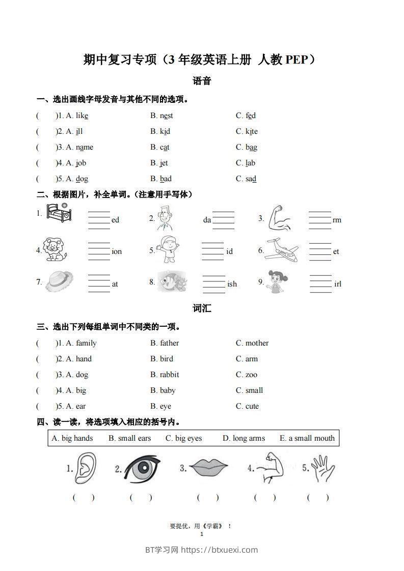 期中复习专项（三上英语人教版）-BT学习网