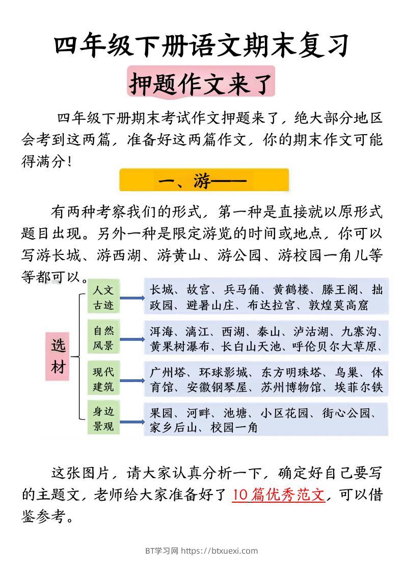 四年级下册语文期末复习押题作文-BT学习网