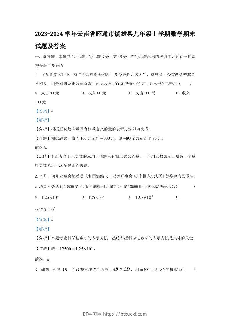 2023-2024学年云南省昭通市镇雄县九年级上学期数学期末试题及答案(Word版)-BT学习网