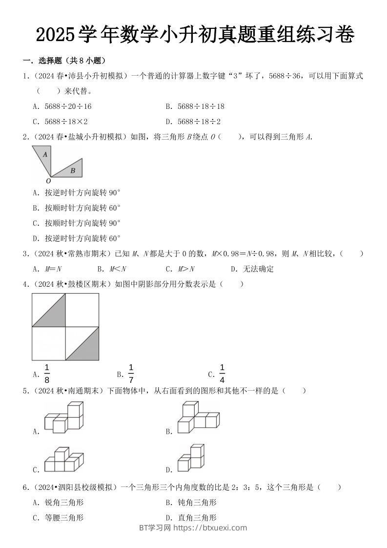 小升初数学【2025学年真题重组练习卷】-BT学习网