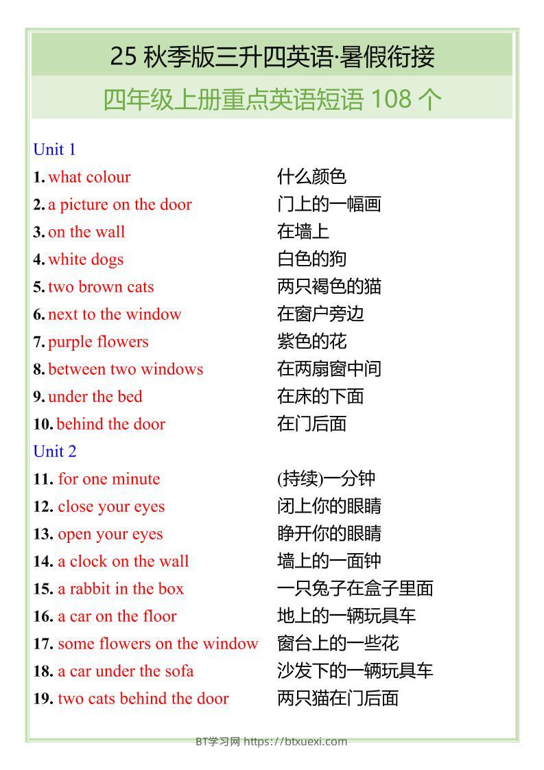 【2025秋新版】四年级上册重点英语短语汇总-BT学习网
