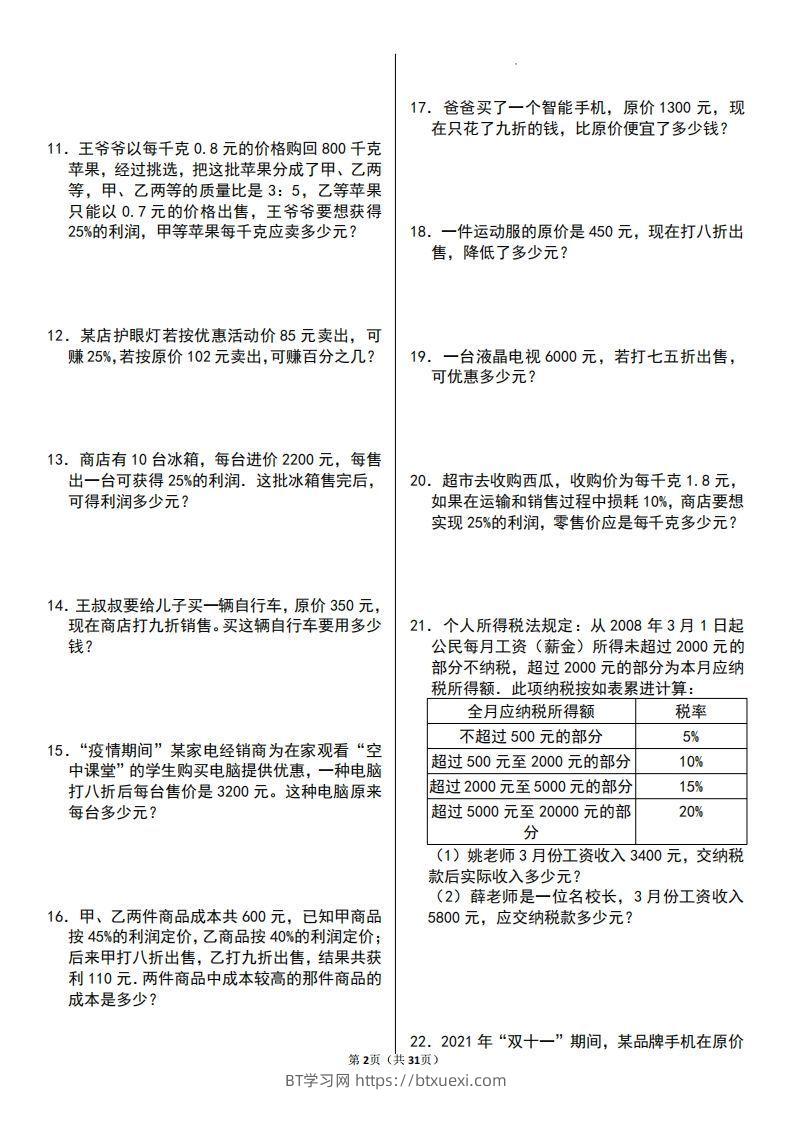 图片[2]-六年级数学上册百分数应用题60题-BT学习网